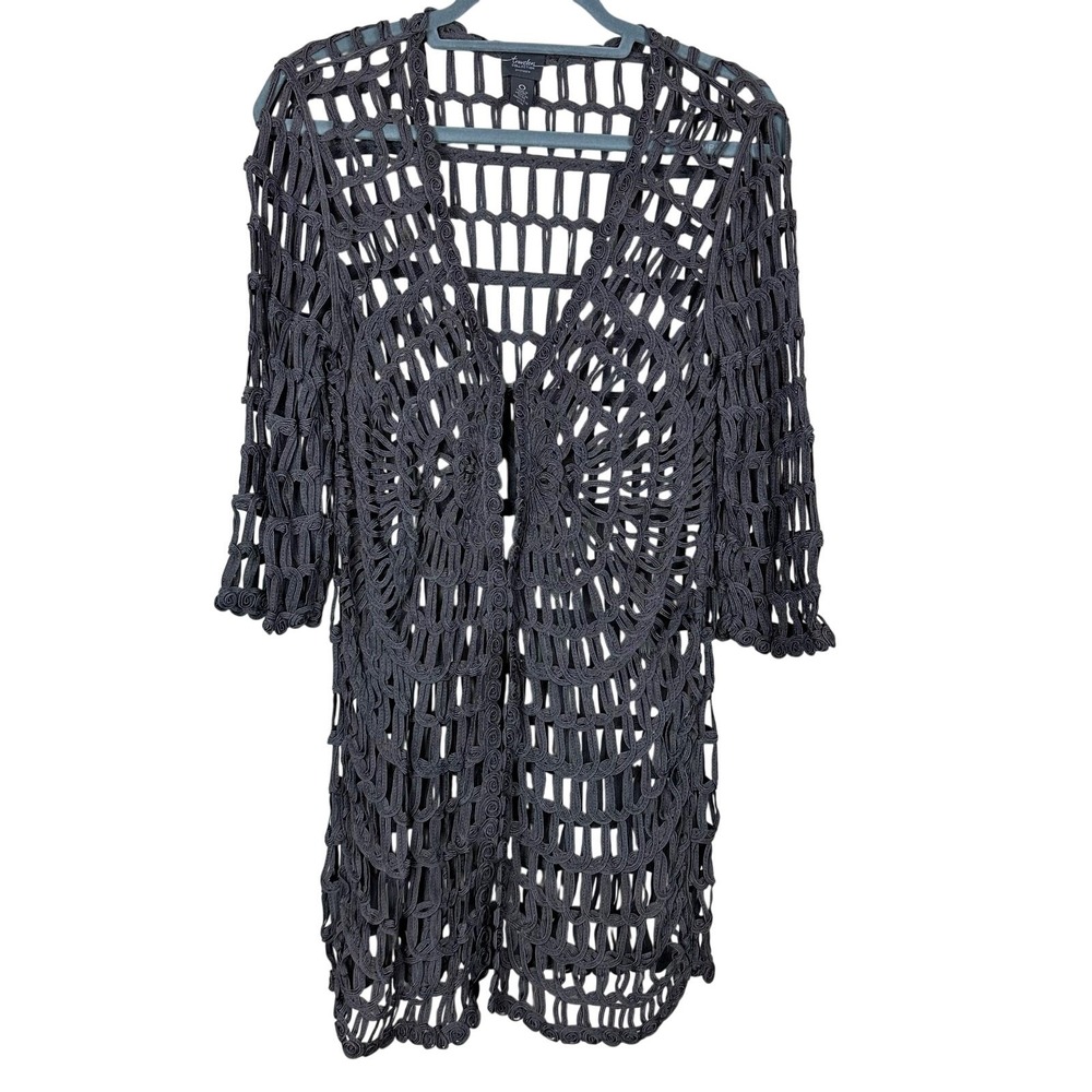 Chico's Travelers Charcoal Plum Crochet Open Front Cardigan Longline Rayon